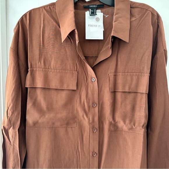 Forever 21 Lightweight Silky High-Low Buttoned Shirt - Medium - Brown - Picture 8 of 11